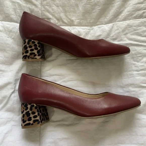 Dark Red Leather Leopard Pump Shoes - Picture 5 of 7